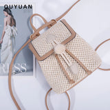 Women Straw Woven Backpack Summer Beach Female Leather Splicing Daypack