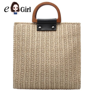 Straw Woven Beach Bag Wooden Handle Shoulder Messenger Resort Style Handbag