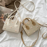 Women Straw Woven Daisy Shoulder Crossbody Bag Small Fresh Flower Zipper Beach H