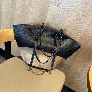 Women Straw Woven Stripe Basket Bag Large Capacity Hand-Woven Handbags