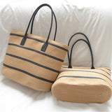 Women Straw Woven Stripe Basket Bag Large Capacity Hand-Woven Handbags