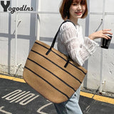 Women Straw Woven Stripe Basket Bag Large Capacity Hand-Woven Handbags