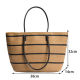 Women Straw Woven Stripe Basket Bag Large Capacity Hand-Woven Handbags