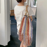 Striped Beach Bag Large Capacity Handwoven Cutout Tote Shoulder Bags with Tassel