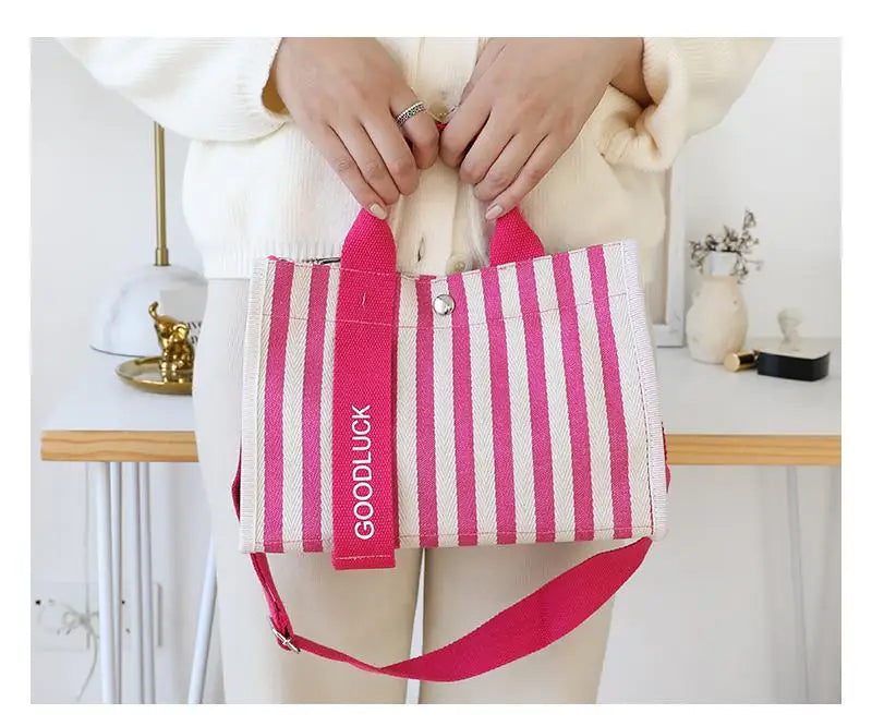 Striped Canvas Small Square Handbag Waterproof Tote Bag