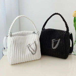 Striped Corduroy Zipper Bag Mini Tote Shoulder Messenger Bag