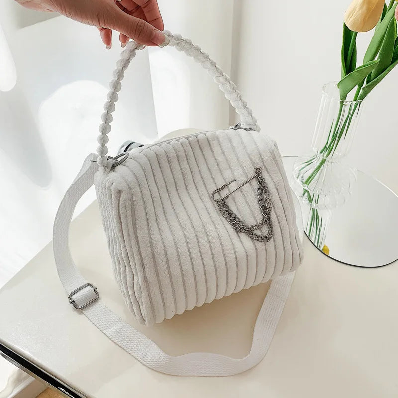 Striped Corduroy Zipper Bag Mini Tote Shoulder Messenger Bag