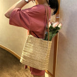Summer Beach Rattan Totes Knitted Straw Bucket Bag Large Capacity