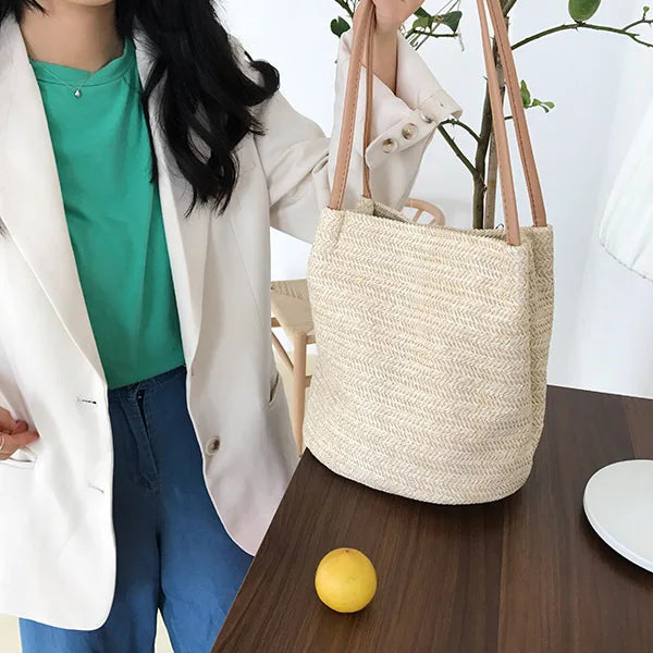 Summer Beach Rattan Totes Knitted Straw Bucket Bag Large Capacity