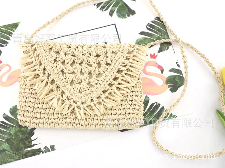 Women Summer Beach Tassels Straw Rattan Shoulder Messenger Bags