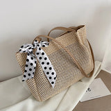 Women Casual Straw Bag Vintage Silk Ribbon Large Capacity