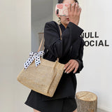 Women Casual Straw Bag Vintage Silk Ribbon Large Capacity