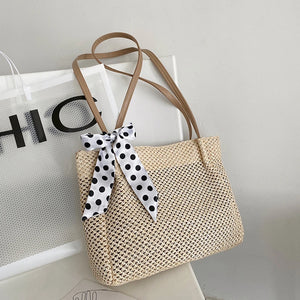 Women Casual Straw Bag Vintage Silk Ribbon Large Capacity
