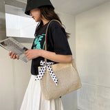 Women Casual Straw Bag Vintage Silk Ribbon Large Capacity