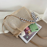 Women Casual Straw Bag Vintage Silk Ribbon Large Capacity