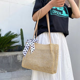 Women Casual Straw Bag Vintage Silk Ribbon Large Capacity