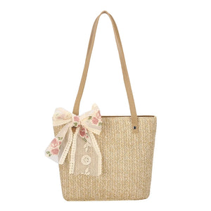 Women Straw Bag Hand-Woven Lace Bow Rattan Bag Large Capacity Tote Beach Travel
