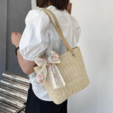 Women Straw Bag Hand-Woven Lace Bow Rattan Bag Large Capacity Tote Beach Travel