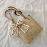 Women Straw Bag Hand-Woven Lace Bow Rattan Bag Large Capacity Tote Beach Travel