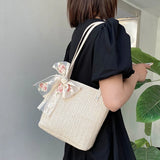Women Straw Bag Hand-Woven Lace Bow Rattan Bag Large Capacity Tote Beach Travel