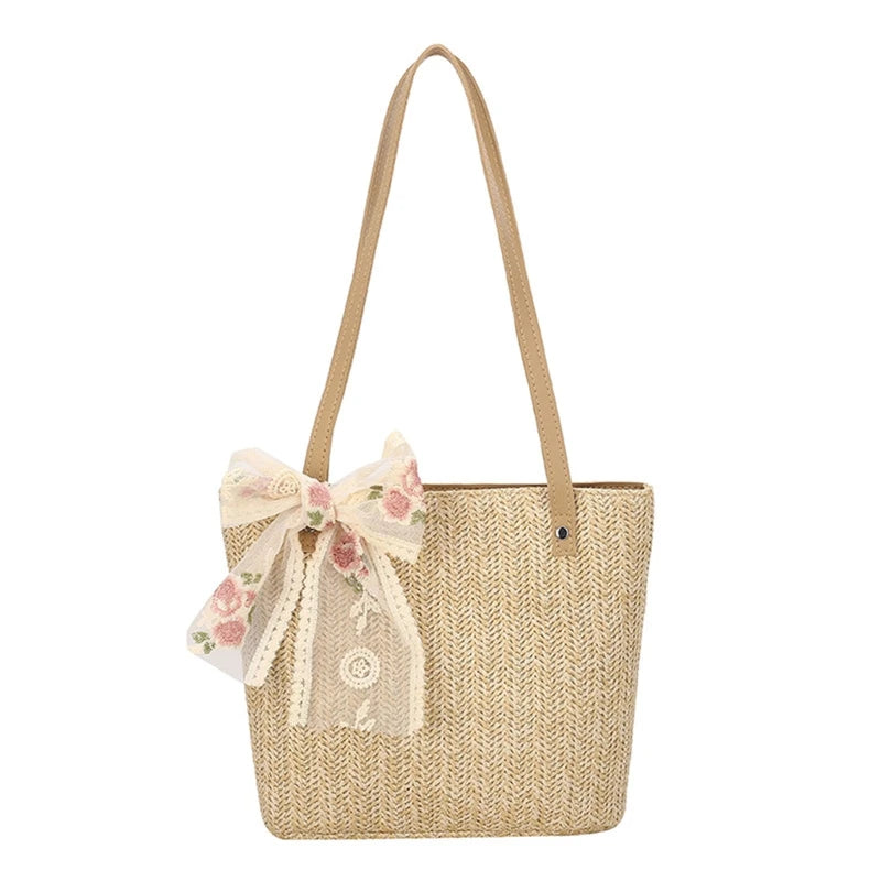 Women Straw Bag Hand-Woven Lace Bow Rattan Bag Large Capacity Tote Beach Travel
