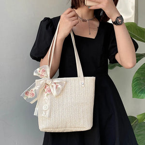 Women Straw Bag Hand-Woven Lace Bow Rattan Bag Large Capacity Tote Beach Travel