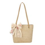 Women Straw Bag Hand-Woven Lace Bow Rattan Bag Large Capacity Tote Beach Travel