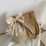 Women Straw Bag Hand-Woven Lace Bow Rattan Bag Large Capacity Tote Beach Travel