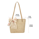 Women Straw Bag Hand-Woven Lace Bow Rattan Bag Large Capacity Tote Beach Travel