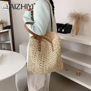 Women Straw Hand-woven Top-handle Bag Large Capacity Bohemian Shoulder Bag