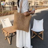 Women Straw Hand-woven Top-handle Bag Large Capacity Bohemian Shoulder Bag
