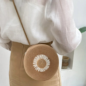 Summer Straw Messenger Bag with Flower Decor Crossbody Beach Travel Bag
