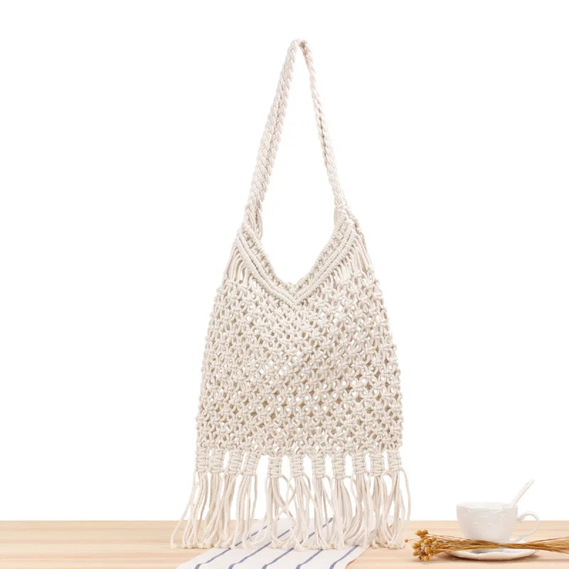 Women Tassel Shoulder Bag Vintage Hand Woven Cotton Rope Hobo Style