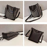 Tassel Shoulder Bag Rivet Messenger Crossbody Bucket Bag for Women
