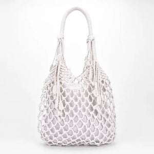 Women Tassels Handbag Hollow Mesh Woven Bag Mori Straw Beach Bag