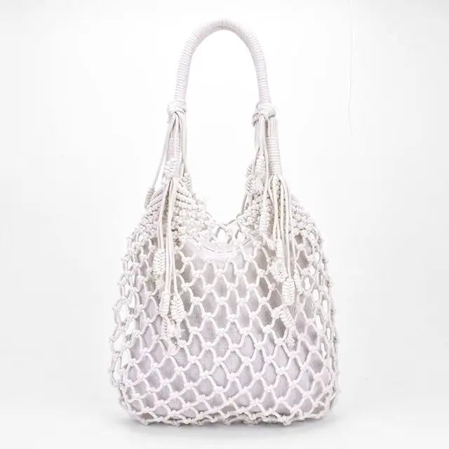 Women Tassels Handbag Hollow Mesh Woven Bag Mori Straw Beach Bag