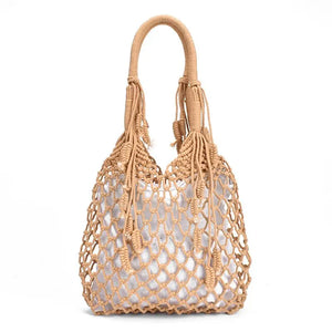Women Tassels Handbag Hollow Mesh Woven Bag Mori Straw Beach Bag