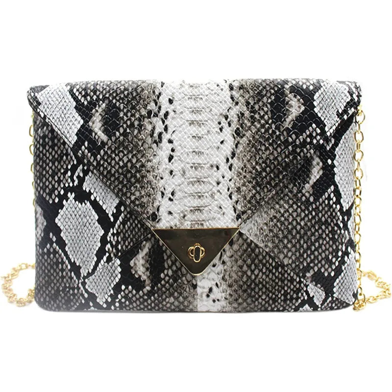 Snakeskin Envelop Clutch Handbag with Chain Strap
