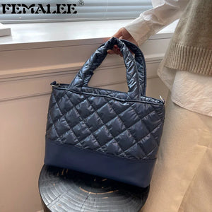 Women Top-Handle Bag Retro PU Splicing Quilted Winter Lattice Shoulder Bag