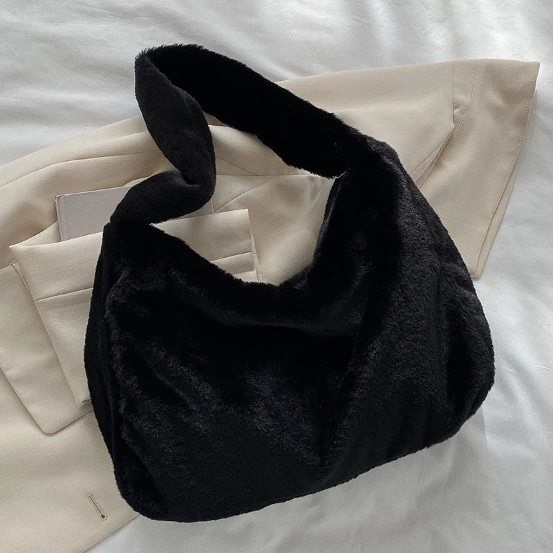 Fluffy Top Handle Bag Soft Tote Shoulder Bag Zipper Girls Cosmetic Holder