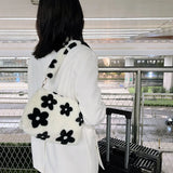 Plush Flower Print Top-Handle Crossbody Bag for Women