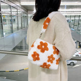 Plush Flower Print Top-Handle Crossbody Bag for Women