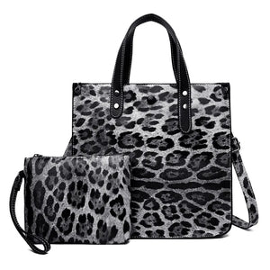 Leopard Tote Handbag Set with Chain Shoulder Bag and Wallet