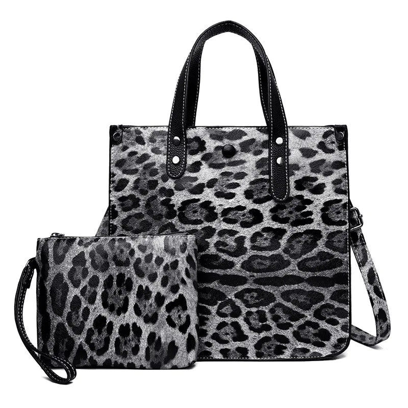 Leopard Tote Handbag Set with Chain Shoulder Bag and Wallet