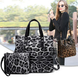 Leopard Print Women's Tote Handbag Set with Metal Chain Shoulder Bag