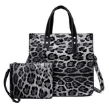 Leopard Print Women's Tote Handbag Set with Metal Chain Shoulder Bag
