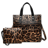 Leopard Print Women's Tote Handbag Set with Metal Chain Shoulder Bag
