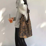 Leopard Corduroy Tote Bag Soft Hasp High-Capacity Handbags