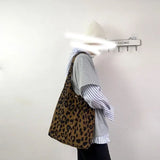 Leopard Corduroy Tote Bag Soft Hasp High-Capacity Handbags