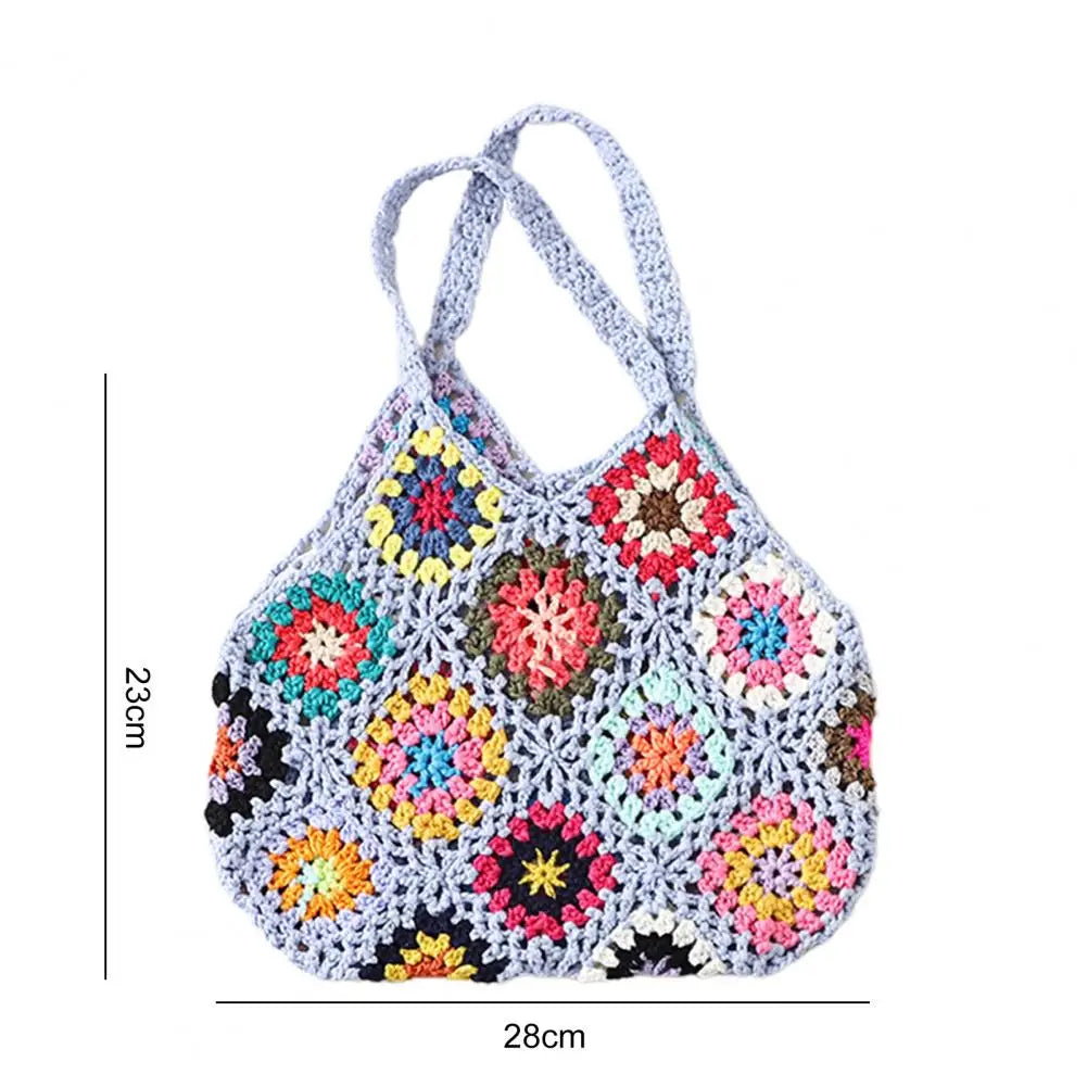 Boho Floral Crochet Large Tote Bag Multicolor Handbag